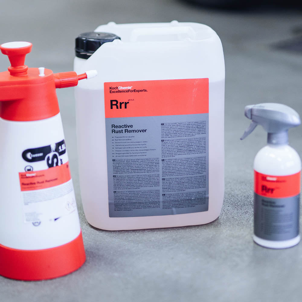 Koch Chemie Reactive Rust Remover (RRR) 500 mL and 5 L bottles next to a Kwazar spray bottle