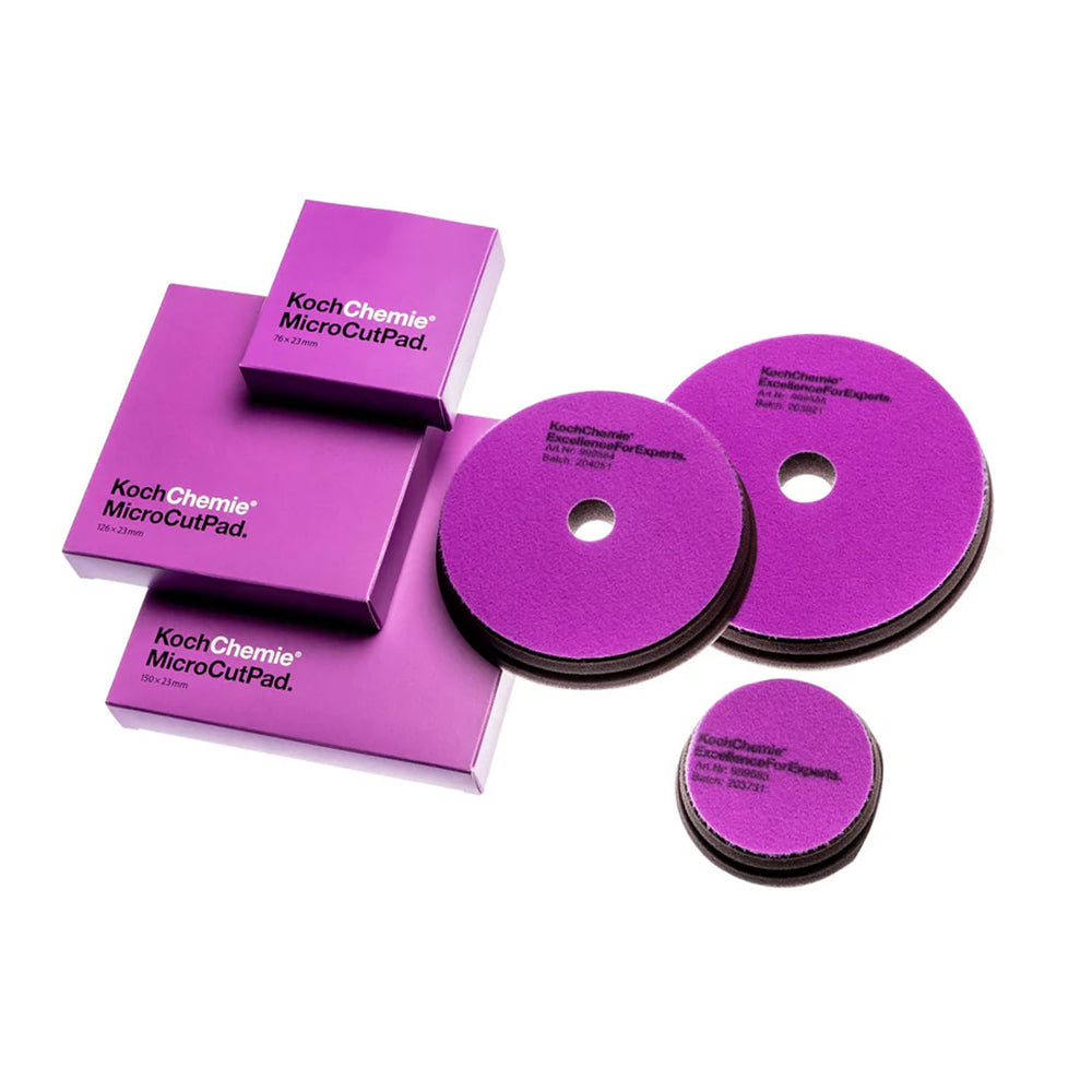 Koch Chemie - Micro Cut Soft Foam  Pad range showcasing the different sized pads available with a white background