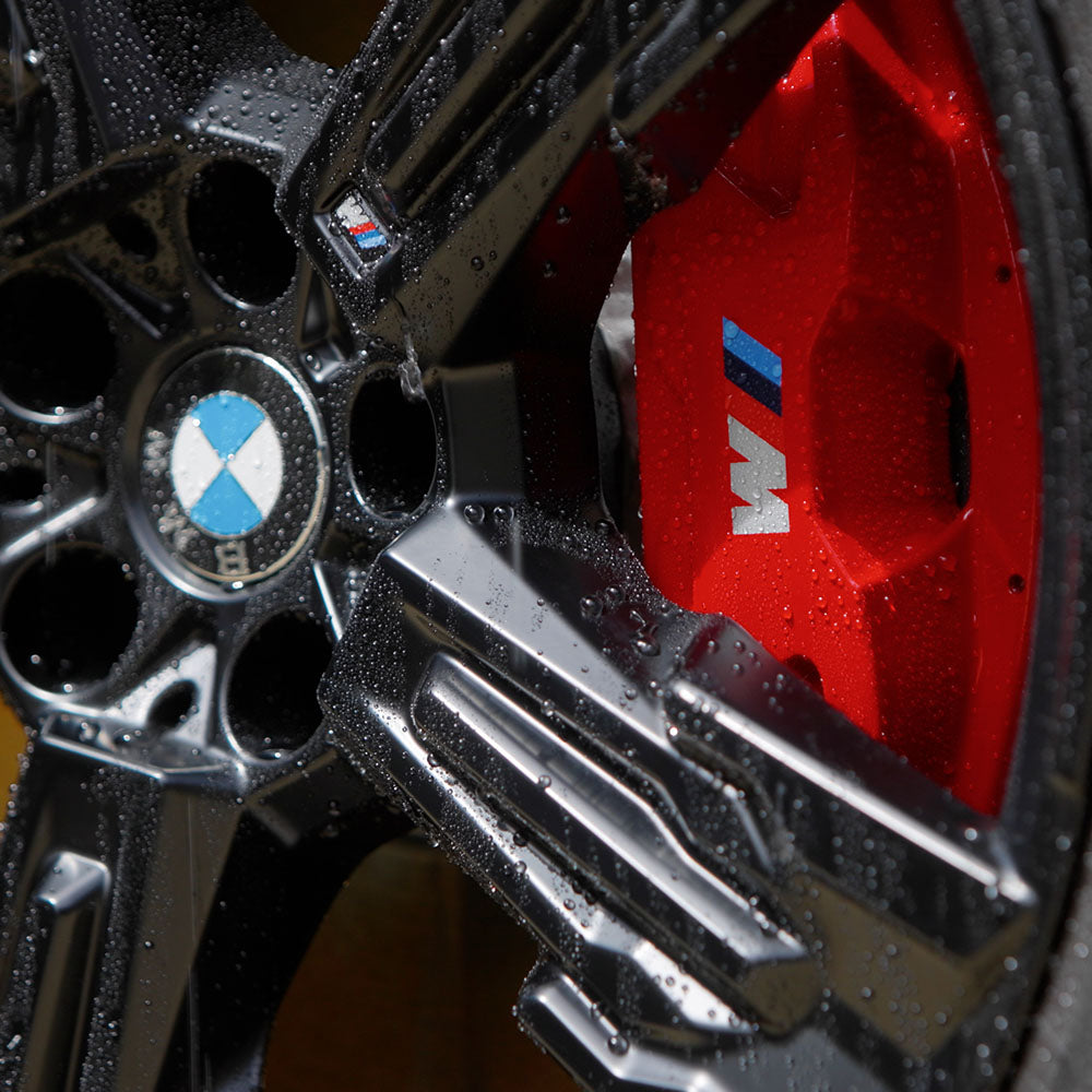 Water beading on a clean wheel and brake