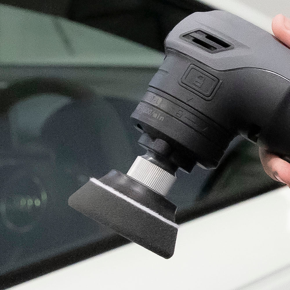 ShineMate tapered black finishing pad on a mini polisher in use