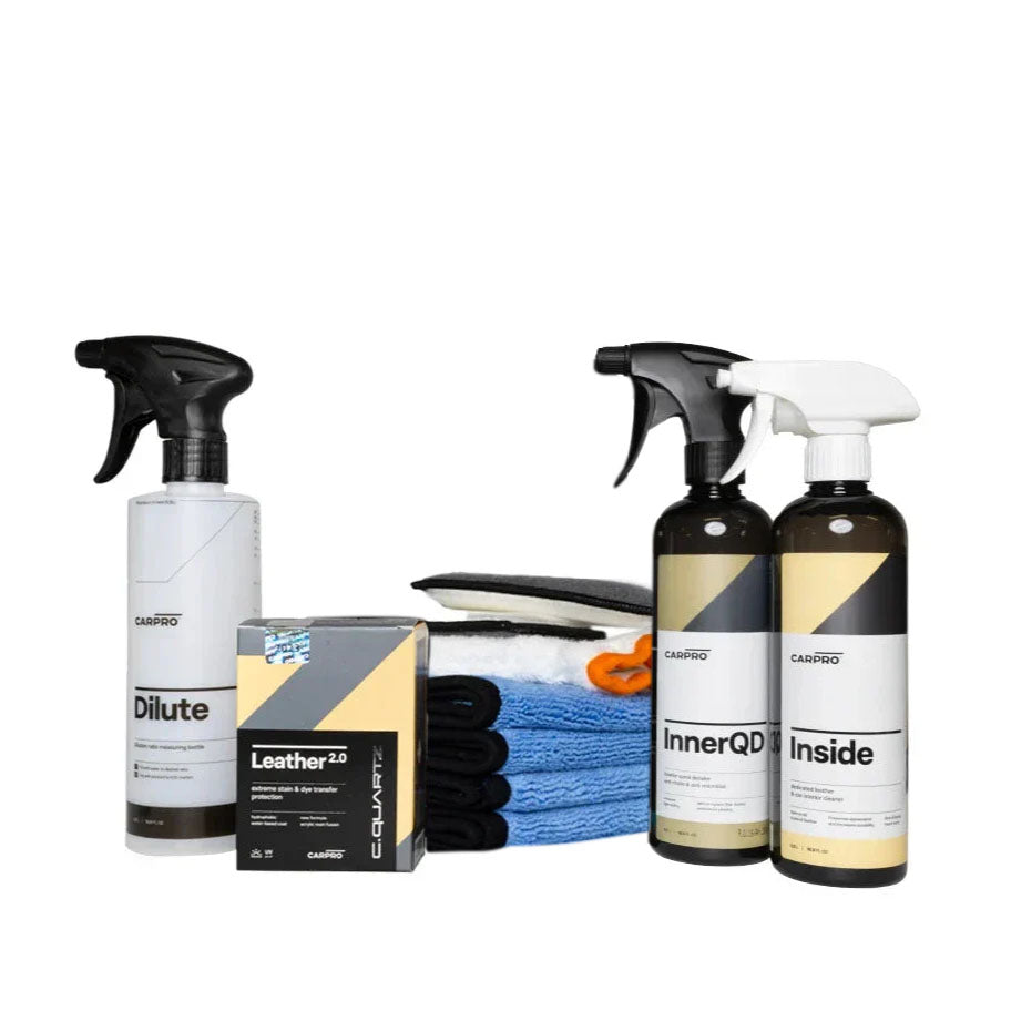 Leather cleaning and protection kit with CARPRO products and Aquatouch microfiber