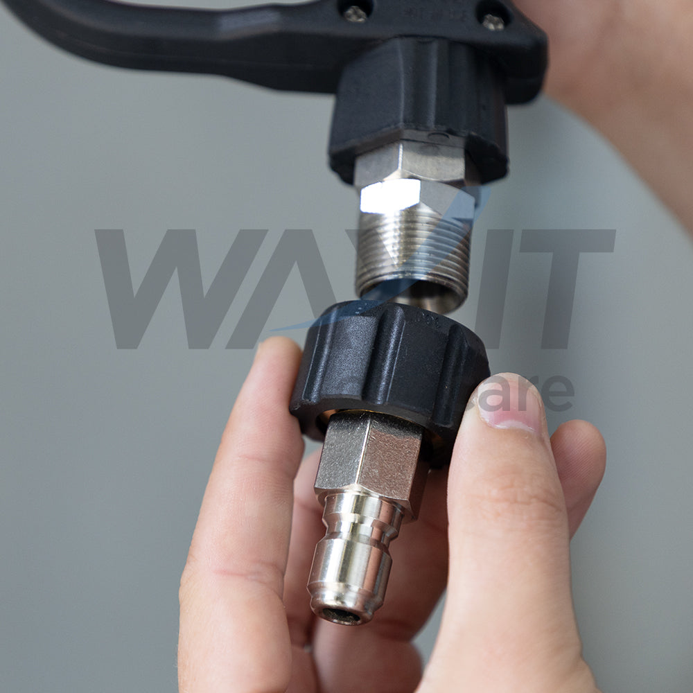 Aquatouch AQC100 M22 to 3/8" quick connect adaptor in use, close-up