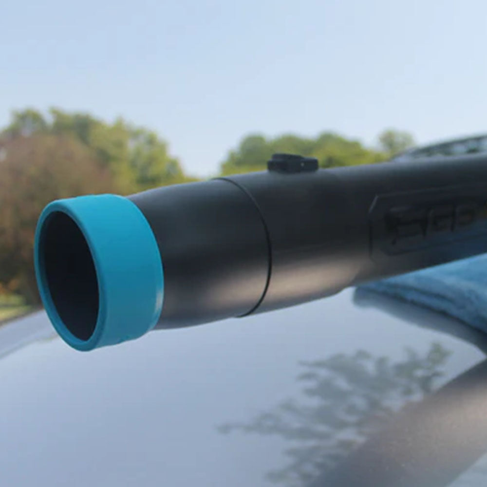 BlowerBands guard fitted to a leaf blower nozzle while drying a car