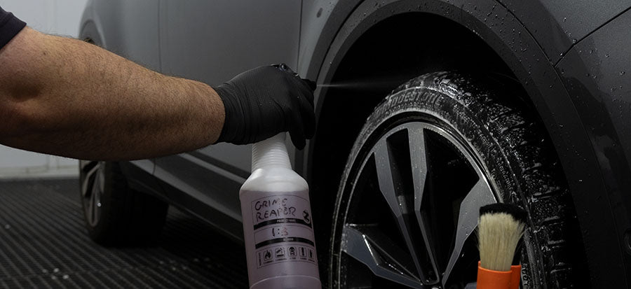 MIRCH Grime Reaper being sprayed onto tyres. 