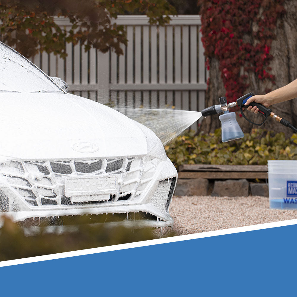 MTM Cannon spraying foam on a blue car