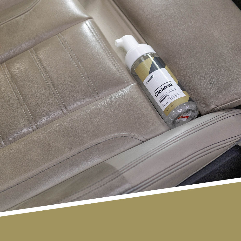 CARPRO Cleanse on a leather seat with a 50 50 