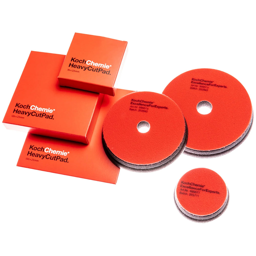 Koch Chemie - Heavy Cut Foam Pad showing 3 different sized pads with a white background