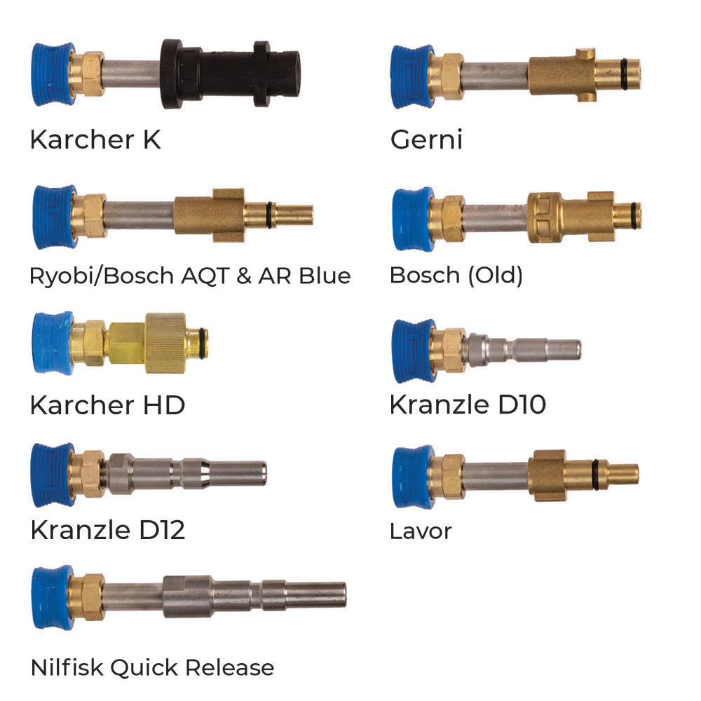 Range of quick connect attachments available for the MTM Foam Cannon