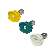 Three colourful pressure washer nozzles