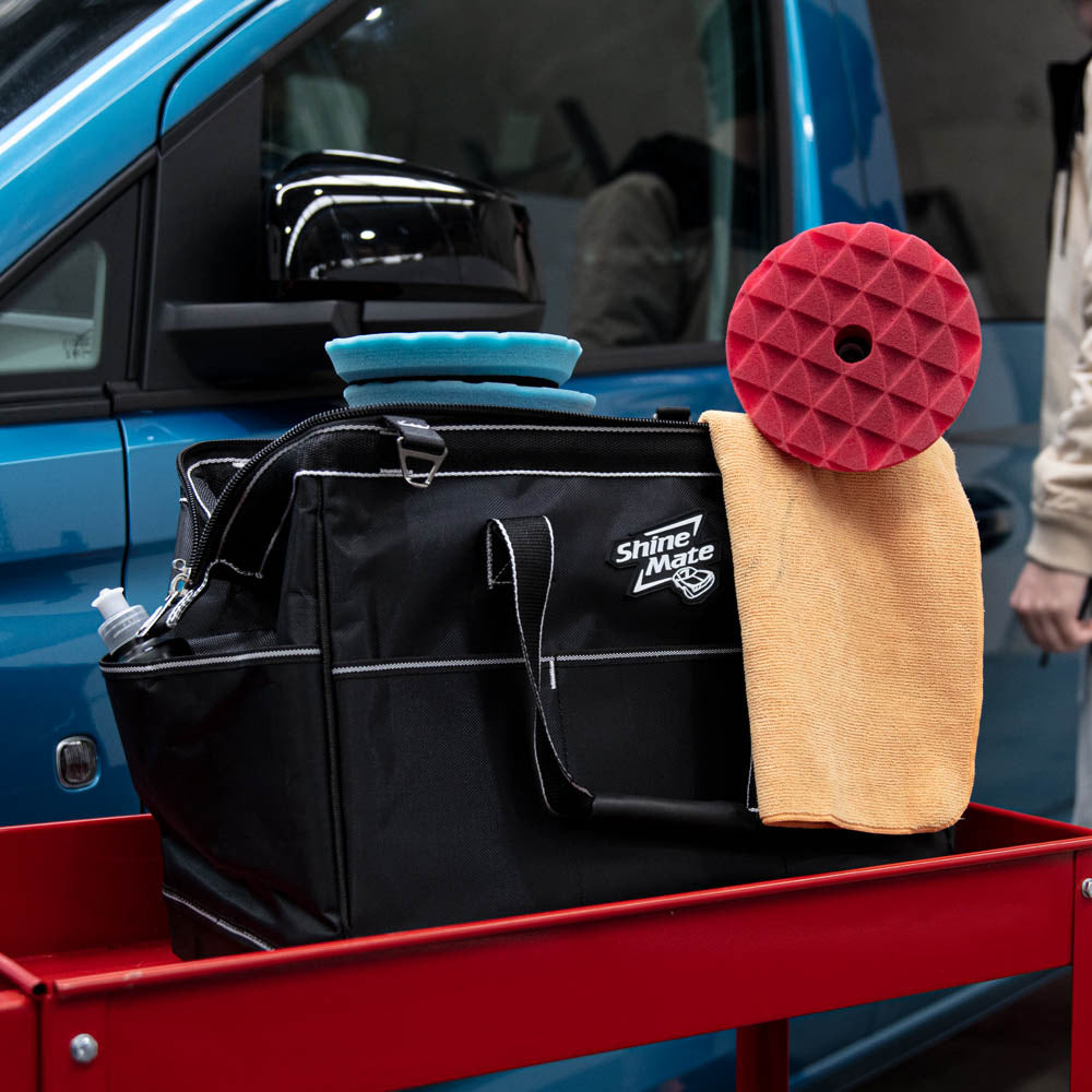 ShineMate tool bag open, packed with polisher and detailing gear