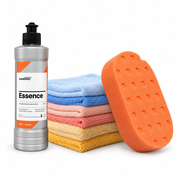 Waxit Hand Polishing Kit with CARPRO Essence 250 mL, Lake Country orange hand applicator and microfiber cloths