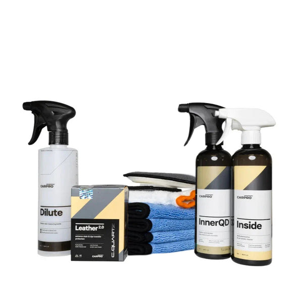 Leather cleaning and protection kit with CARPRO products and Aquatouch microfiber