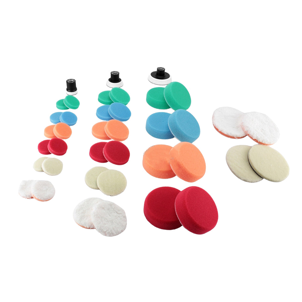 Assorted 1, 2 and 3 inch buffing pads in the ShineMate EB230k kit